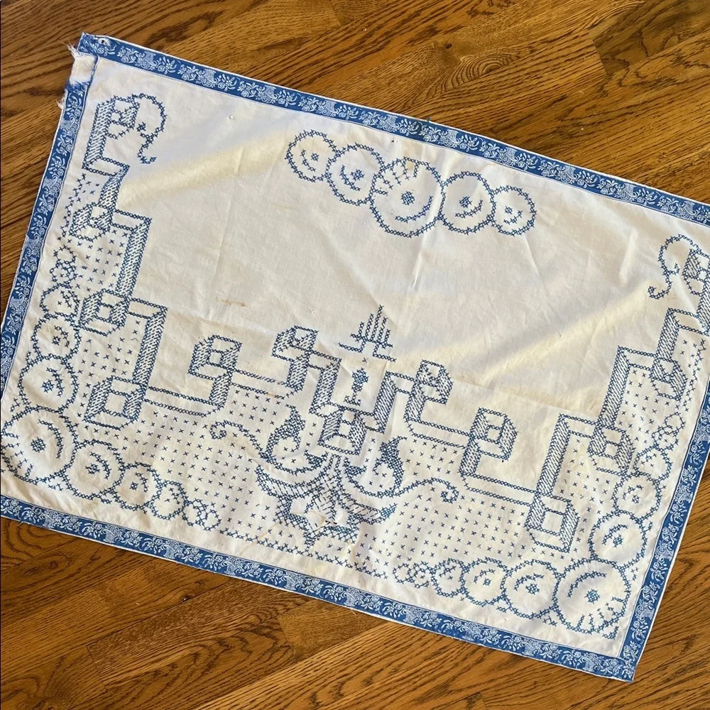 Embroidered Tablecloth Dresser Scarf Blue Cross Stitch Cutter Vintage